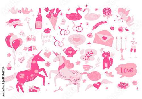 Big set of cute pink doodles for Valentine's Day. Unicorns, cupid, balloons, hearts, birds, swans.