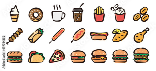 Fast food icon set for graphic  Hand-drawn line  colored version 