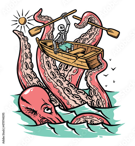 giant octopus attack skull in the sea illustration