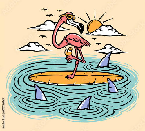 flamingo on a surfboard in the sea illustration