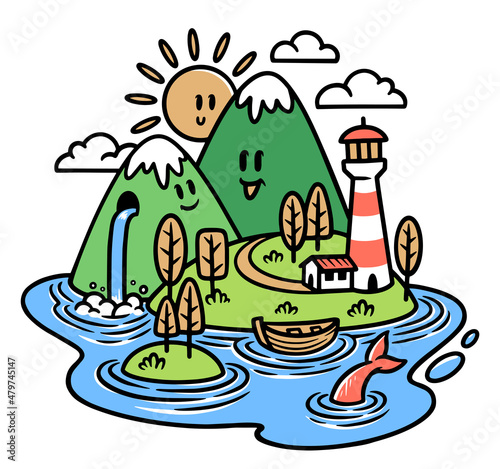 cute mountain view and lighthouse illustration