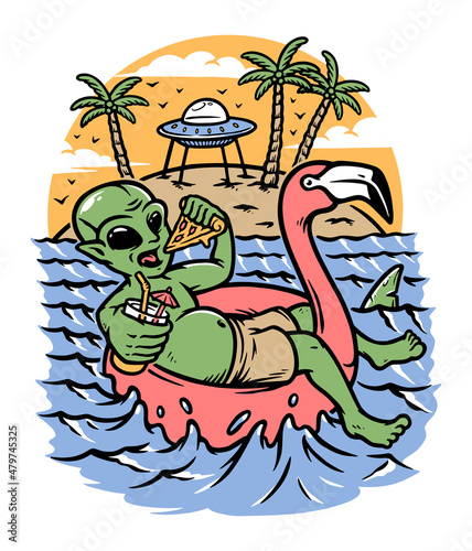 cool alien chilling at beach illustration