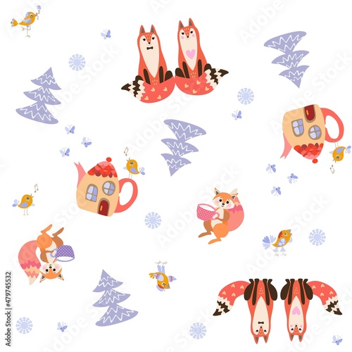 Fototapeta Naklejka Na Ścianę i Meble -  Foxes, squirrels, funny birds, notes, snowflakes, house in the form of magic teapot, snow-covered fir trees, snowflakes isolated on a white background. Wonderful fabric print for kids. Vector design.