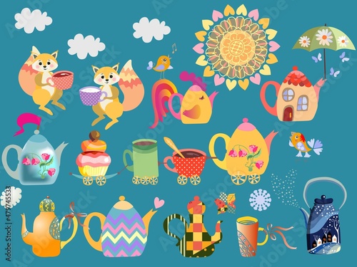 Cute cartoon print for towel, rug, fabric with collection of fabulous teapots and cups, sun, birds and funny squirrels on emerald green background.