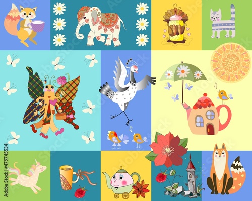 Patchwork pattern for kid with dancing crane, elephant, fairy-tale butterfly hurrying to date, flowers, cakes, teapots, cat, squirrel, unicorn. Endless print for fabric. Carpet, pillowcase, wallpaper.
