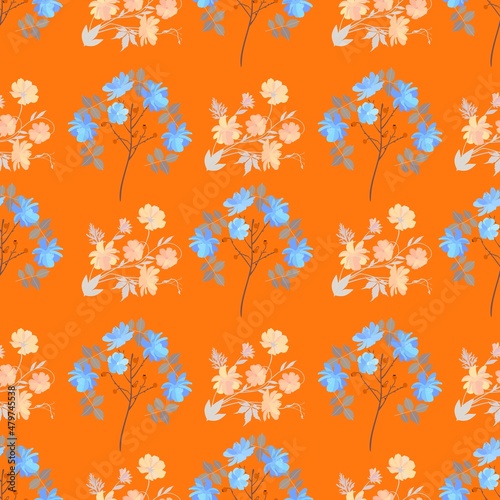 Beautiful garden. Seamless print with fantasy trees with large blue flowers and berries and blooming delicate orange cosmos flowers between them isolated on bright orange background. Romantic pattern
