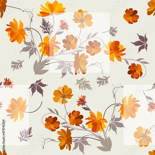 Seamless natural ornament for fabric with bouquets of orange cosmos flowers on a light olive background. Print for fabric. Vector design.