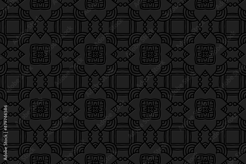 Embossed exotic black background, original cover design. Geometric 3D pattern, handmade style. Ethnic creativity of the peoples of the East, Asia, India, Mexico, Aztec.