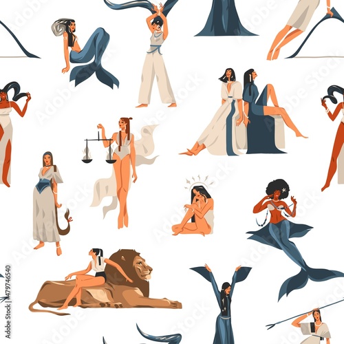 Hand drawn vector stock abstract flat graphic illustration with zodiac sign astrological contemporary seamless pattern with beauty magic females characters,clipart artistic bohemian design.