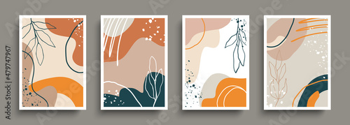 Botanical backgrounds set. Abstract cover templates with artistic shapes. Hand drawn floral backgrounds for your creative graphic design. Vector illustration.