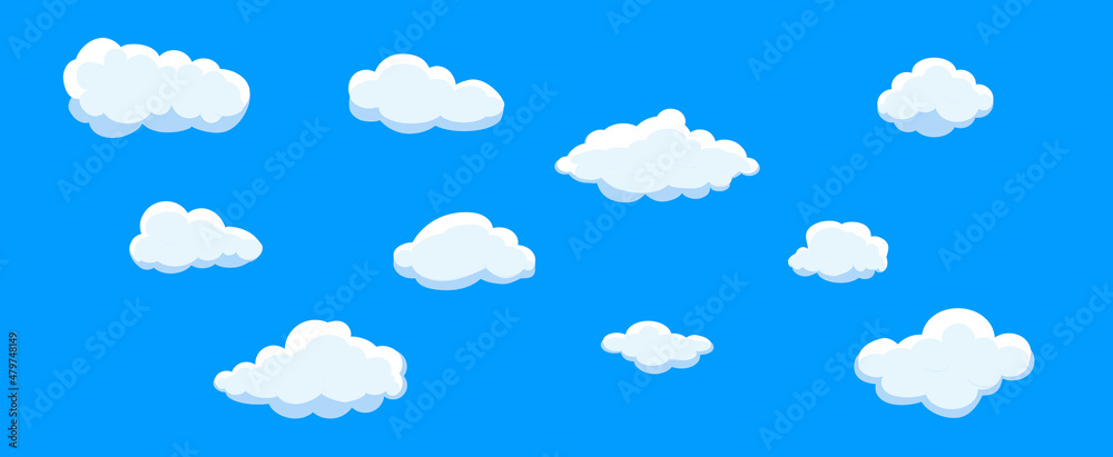 Clouds set isolated on blue background. Collection of clouds for web site, poster, placard and wallpaper. Creative modern concept. Clouds vector illustration