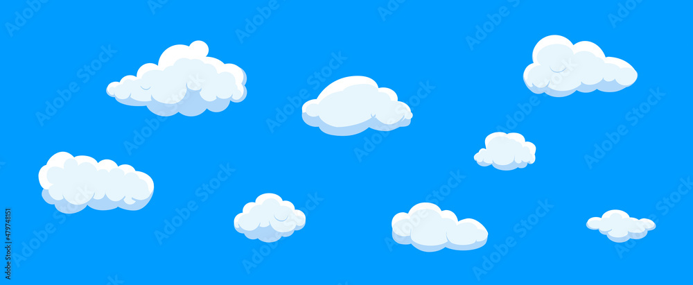 Clouds set isolated on blue background. Collection of clouds for web site, poster, placard and wallpaper. Creative modern concept. Clouds vector illustration Clouds set isolated on blue background. Collection of clouds for web site, poster, placard and wallpaper. Creative modern concept. Clouds vector illustration