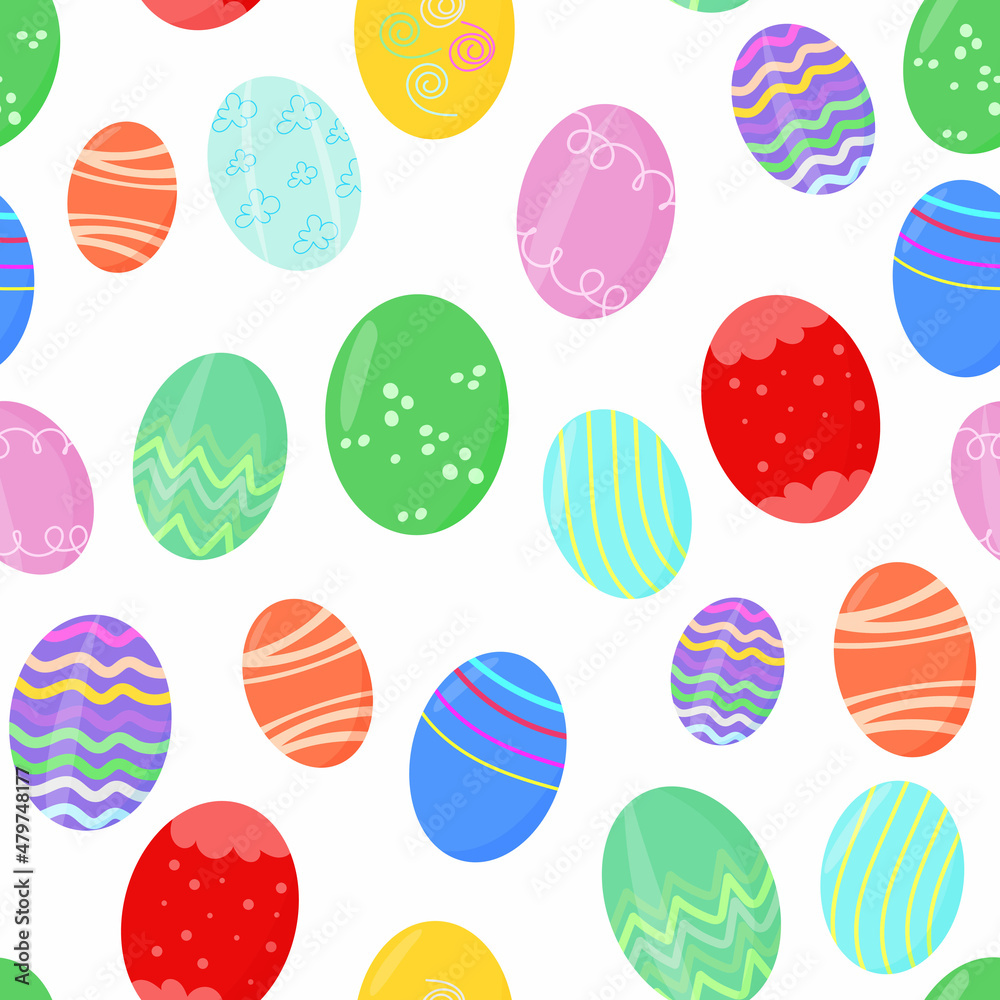 seamless cute patterns with decorative eggs. Happy Easter holiday on a white background for printing on fabric or gift wrapping. Vector flat illustration