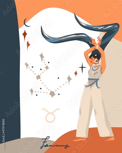 Hand drawn vector abstract stock graphic simple astrology celestial illustration art with modern,collage artistic contemporary print template of boho zodiac sign Taurus with female character.