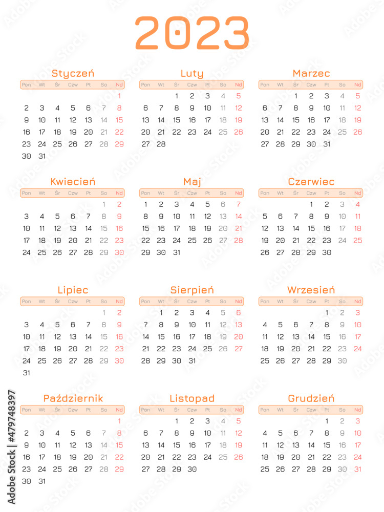 Calendar for 2023 year orange with polish characters