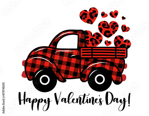 Happy Valentines Day! - Calligraphy phrase for Christmas. Lettering for Xmas greetings cards, invitations. Good for t-shirt, mug, gift, printing press. Buffalo plaid pickup carry a leopard xmas tree.