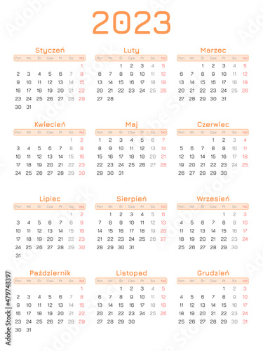Obraz na płótnie Calendar for 2023 year orange with polish characters w salonie