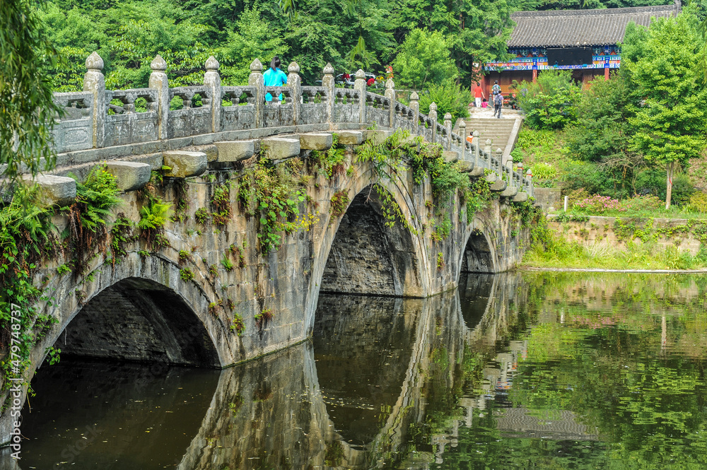 Landscape and Ancient Architecture Sankong Stone Bridge in Xiaoyao Valley of Wudang Mountain, Shiyan City, Hubei Province, China