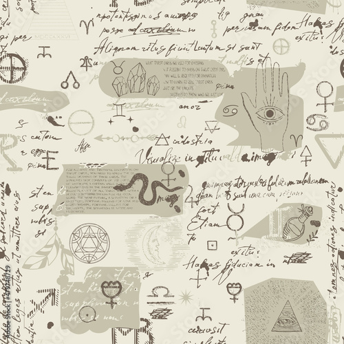 Abstract pattern in the style of alchemical, esoteric, mystical symbols and unreadable handwritten scribbles. Seamless background with astrological icons and linear engravings with tarot card icons.