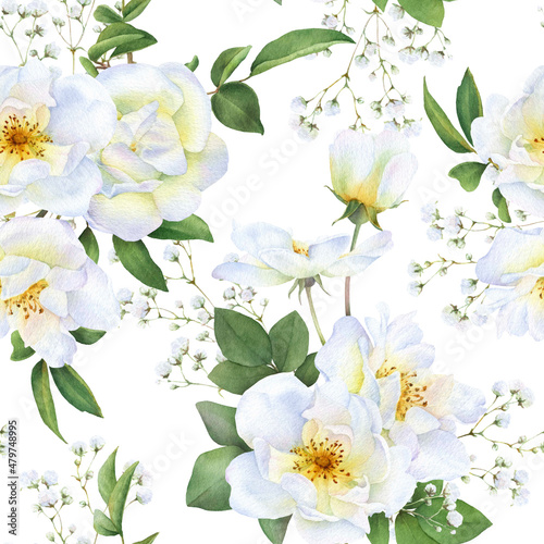 Seamless floral pattern with bouquets of the wild white roses  buds  green leaves and gypsophila flowers hand drawn in watercolor isolated on a white background. Watercolor floral pattern.  