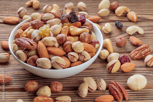 View of mixed nuts on wooden background. Walnut, pistachios, almonds, hazelnuts and cashews. Soft focus.