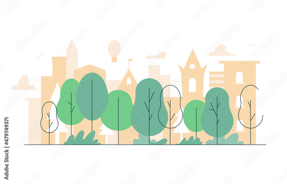 Fototapeta premium City panorama. Houses, trees and sky. Green Park. Nature in the city. Vector flat illustration.
