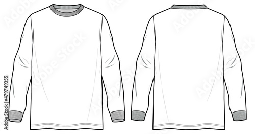 crew neck long sleeve sweatshirt fashion flat sketch vector illustration front and back view template CAD mockup