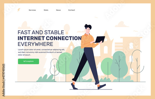 Guy with a laptop walks through the city park. Fast and stable internet connection anywhere. Wi-fi on the street. Landing page concept. Vector flat illustration.