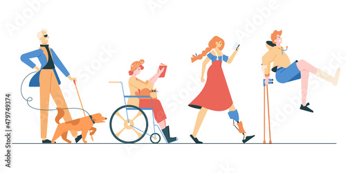 Group of people with disabilities. A blind elderly gentleman with a guide dog, a girl in a wheelchair, a cheerful guy with a cast on crutches, a girl with a prosthesis. Vector flat illustration.