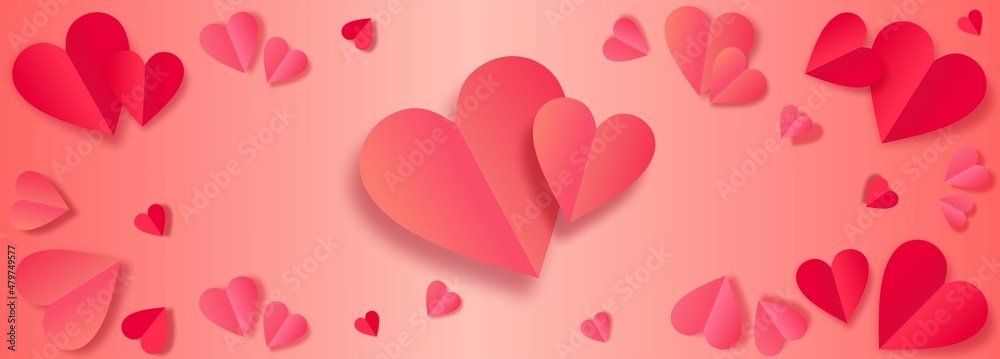 A banner for Valentine's Day with red and pink realistic 3d hearts. Text 