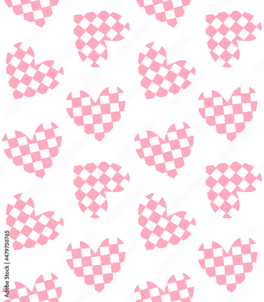 Vector seamless pattern of pink hand drawn hearts with chessboard checkered texture isolated on white background Vector seamless pattern of pink hand drawn hearts with chessboard checkered texture isolated on white background