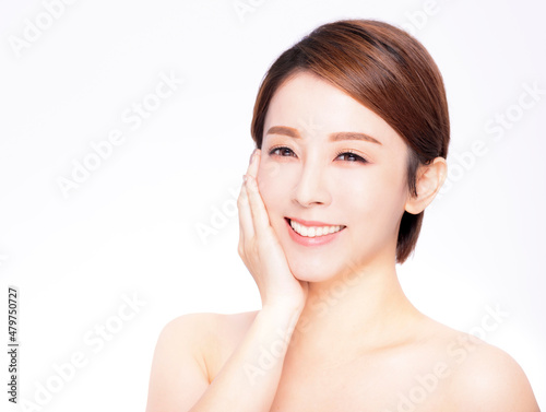 Closeup asian beauty face with skin care healthy