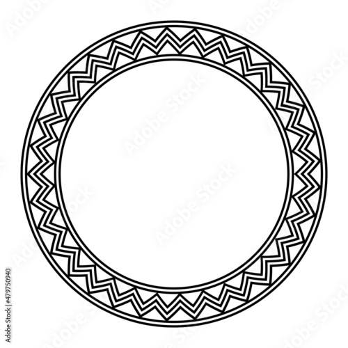 Circle frame, with a meander, made of a zigzag line pattern. Decorative, round border, made of three bold serrated lines, surrounded and framed by bold circles. Black and white illustration. Vector.