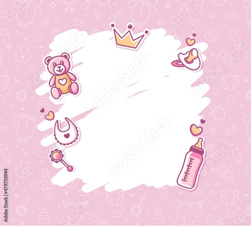 Baby Shower Background in pink colors. Baby Arrival Cartoon Vector Illustration with Copy Space, baby icons and pattern. It is a girl.