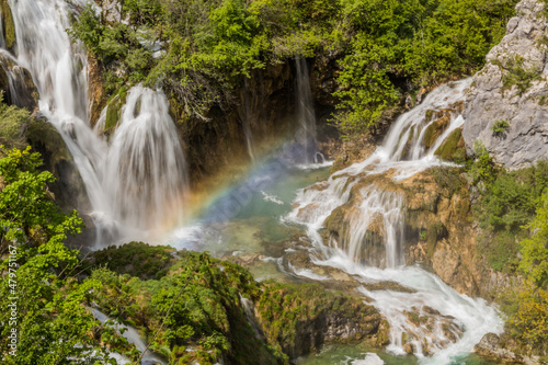 Rainbow at Sastavci waterfall in Plitvice Lakes National Park, Croatia