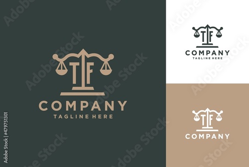 TF initials for lawyer service, attorney, law firm business identity logo template. TF letters with scales of justice symbol vector graphic