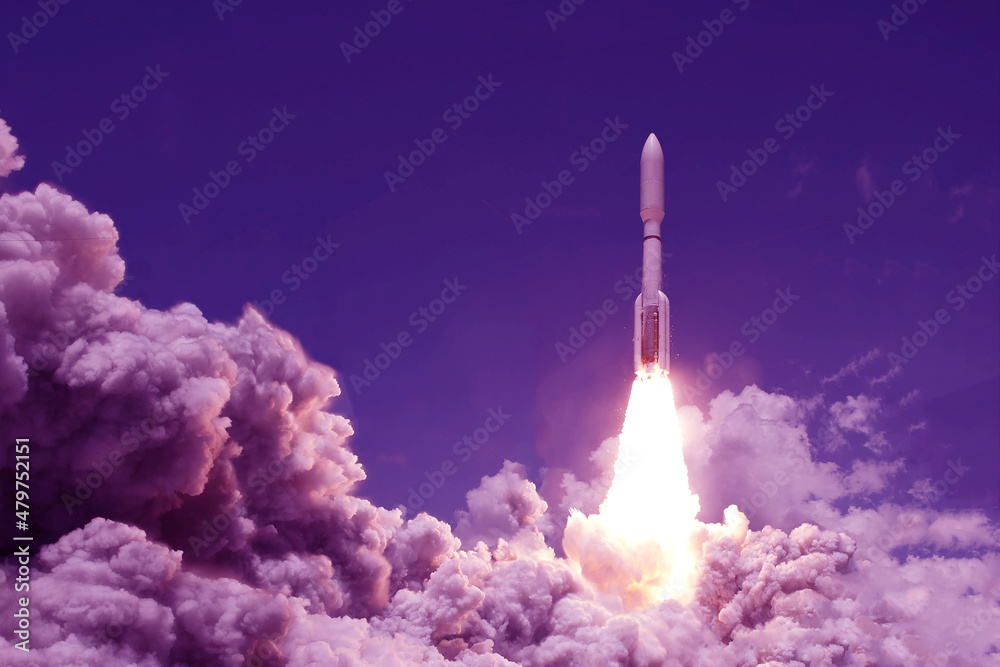 Fototapeta premium Take off space rocket on a background of blue sky and sun. Elements of this image were furnished by NASA