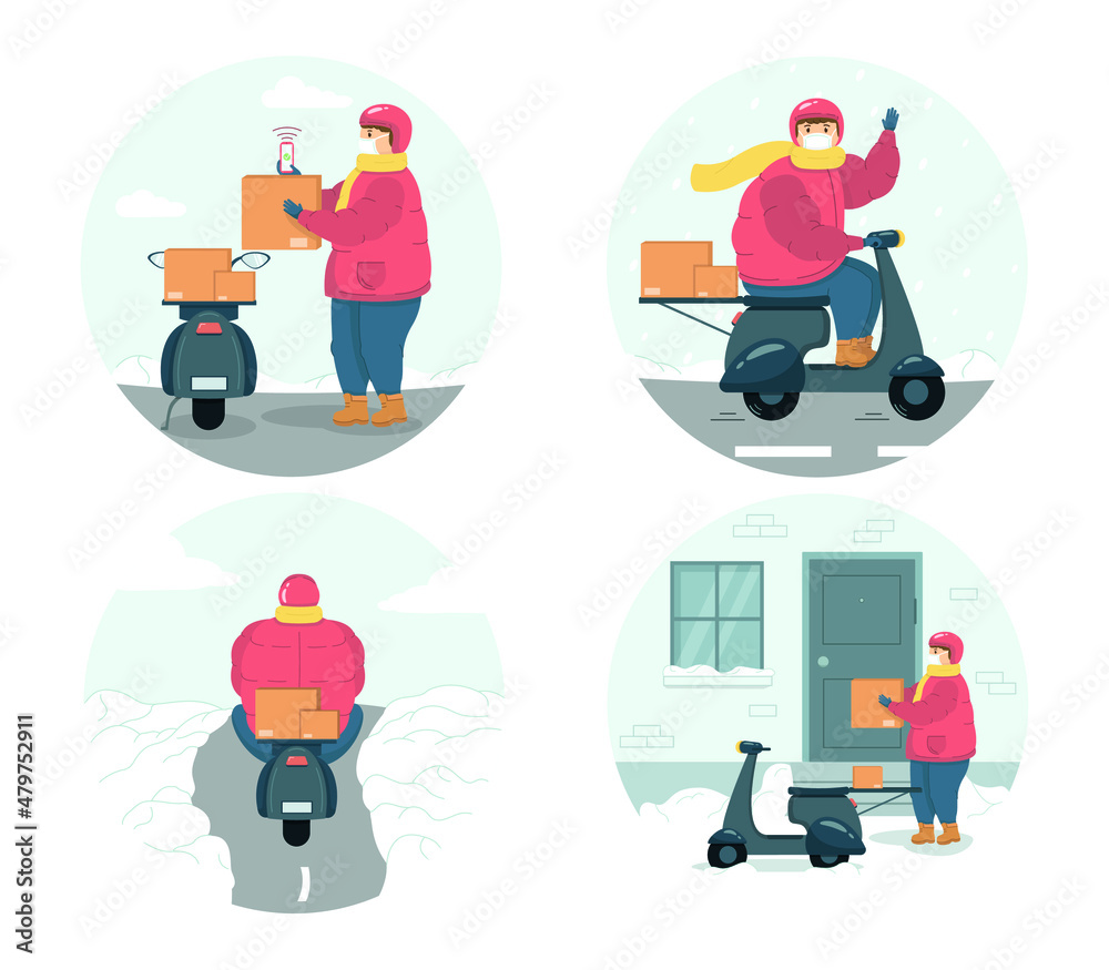 Winter delivery man in protective face mask with packages set. Courier receive order, waving hand in greeting, rides along road with snow, delivers package to house. Deliver concept flat vector. Winter delivery man in protective face mask with packages set. Courier receive order, waving hand in greeting, rides along road with snow, delivers package to house. Deliver concept flat vector.