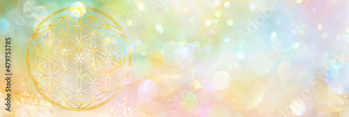 Banner mit goldener Blume des Lebens in einem pastellfarbenen Feld funkelnden Lichts 