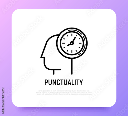 Punctuality, time management thin line icon. Silhouette of human head with watch. Modern vector illustration.