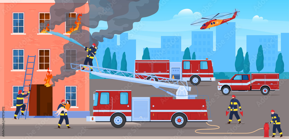 Brave firefighters extinguishing fire in house vector illustration. Team firemans working together