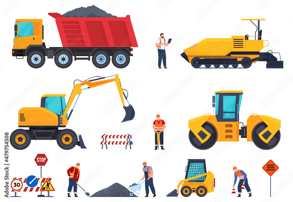 Collection industrial workers with machines road construction vector flat illustration Collection industrial workers with machines road construction vector flat illustration
