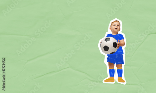 Creative design. Contemporary art collage. Little boy, child in uiform with ball pretending to be football player isolated over green background photo