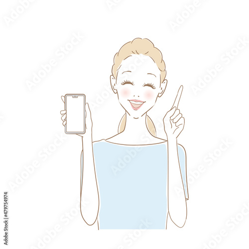 スマホを指さす笑顔の女性