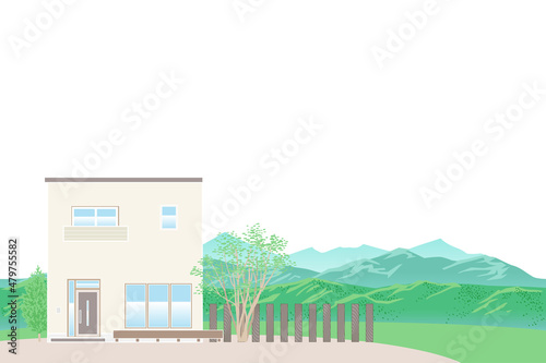 見晴らしの良い丘の上に建つ陸屋根の一軒家 ベクターイラスト