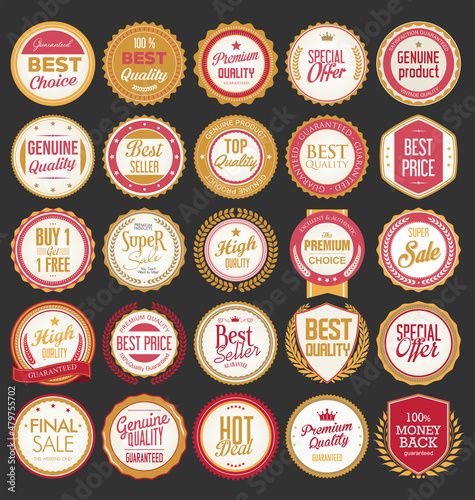 Collection of retro vintage yellow and red badges and labels 