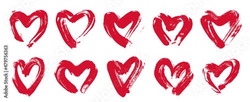 Hand drawn hearts vector logos or icons set, sketch doodle graphic design elements, brush stroke painted hearts symbols collection,