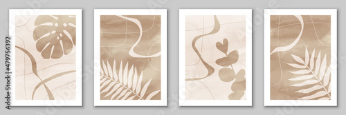 Leafs and abstract organic shapes and lines for wall decoration, cover, poster, EPS 10 vector template