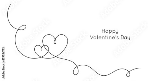 One continuous drawing of two hearts and love sign. Thin flourish and romantic icons in simple linear style. Editable stroke. Doodle vector illustration