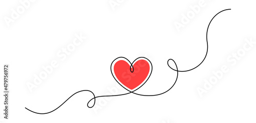 One continuous drawing of heart and red color love sign. Thin flourish and romantic symbols in simple linear style. Editable stroke. Doodle vector illustration